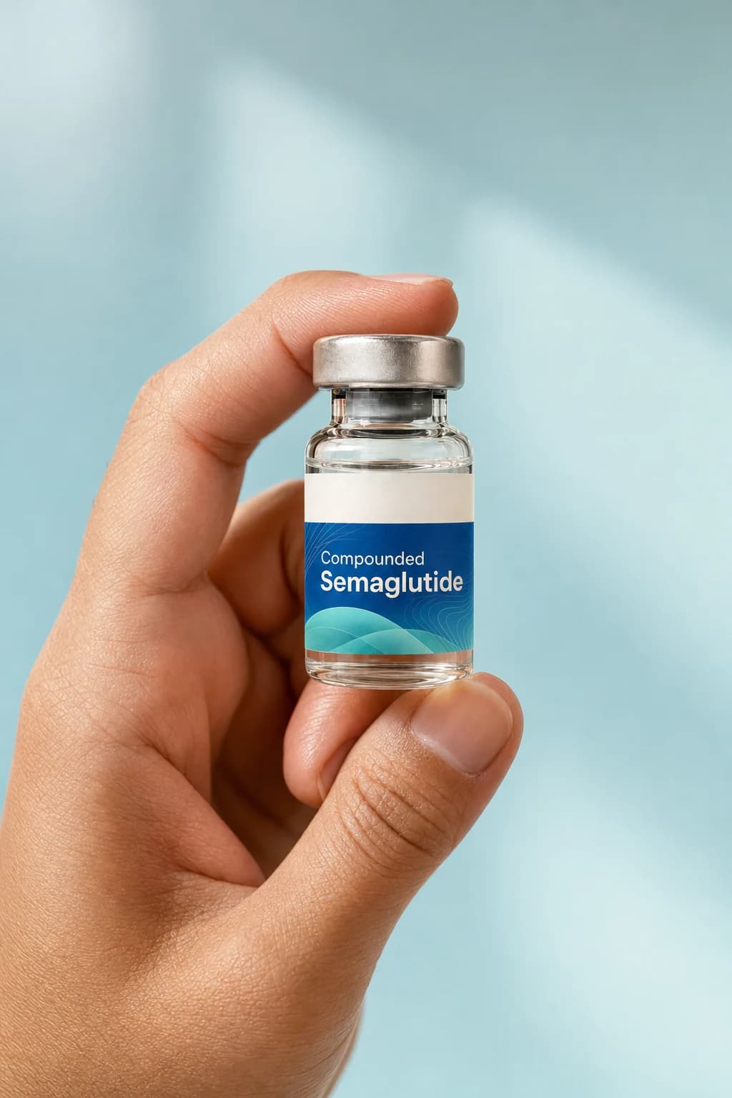 Compounded Semaglutide held in one hand, showing its size