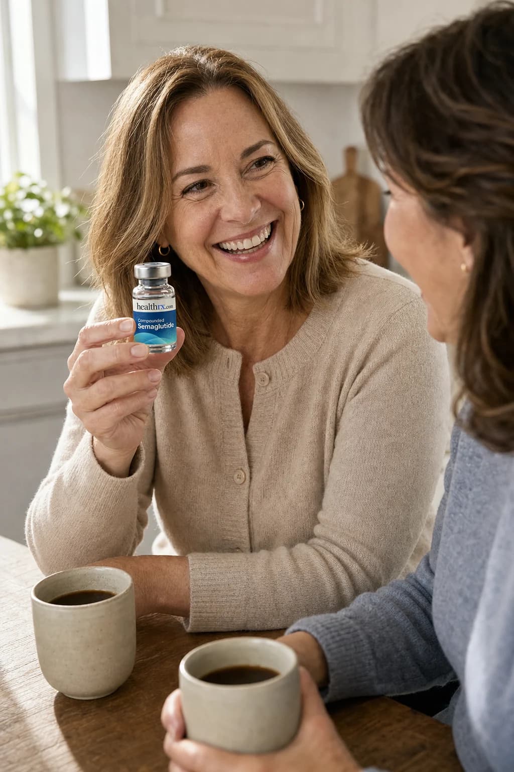 A woman in her late 40s laughing with a friend over coffee, with Compounded Semaglutide