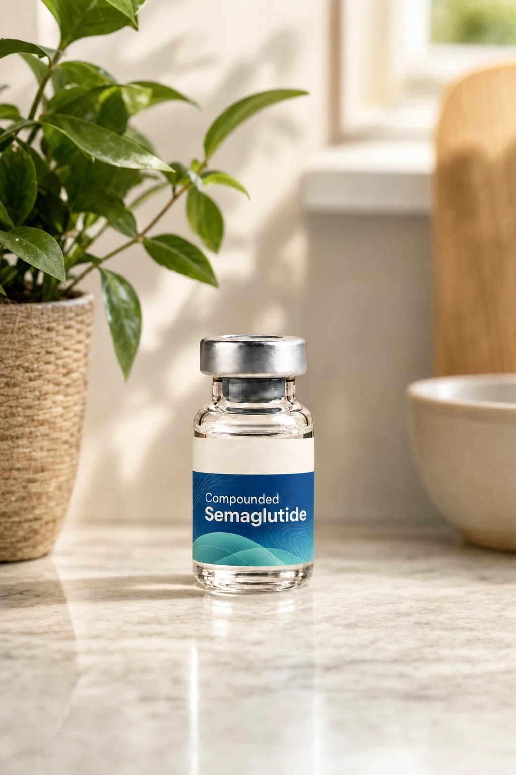 Compounded Semaglutide on a kitchen counter