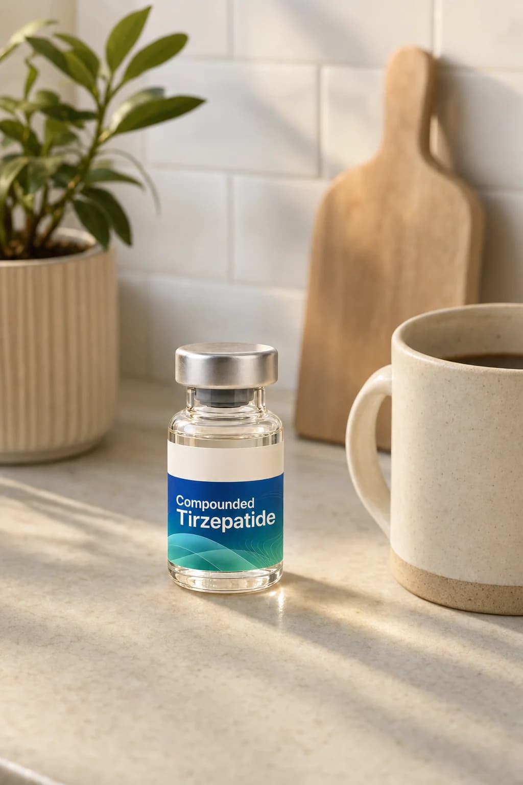 Compounded Tirzepatide on a kitchen counter beside a coffee mug