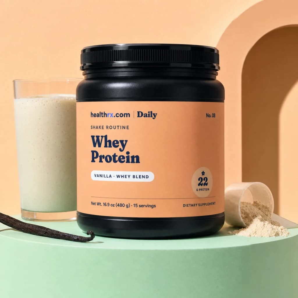 Vanilla Whey Protein by HealthRX.com in its vanilla blend packaging concept, on a colored pedestal