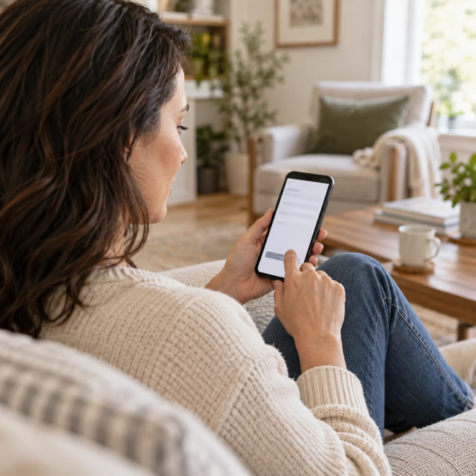 Illustrative adult at home answering a health form on a phone