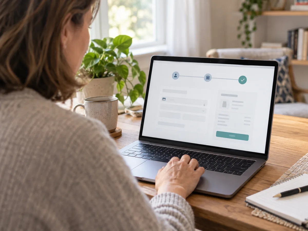 Illustrative checkout on a laptop at a kitchen table