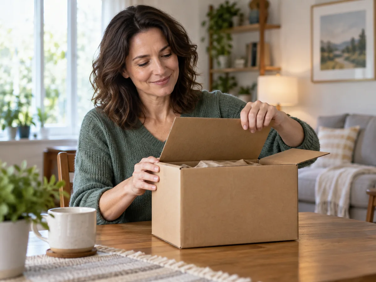 adult opening a delivered box at home