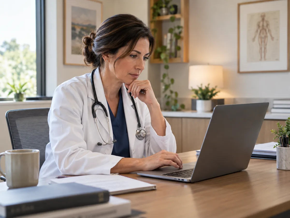 Illustrative clinician reviewing a chart on a laptop